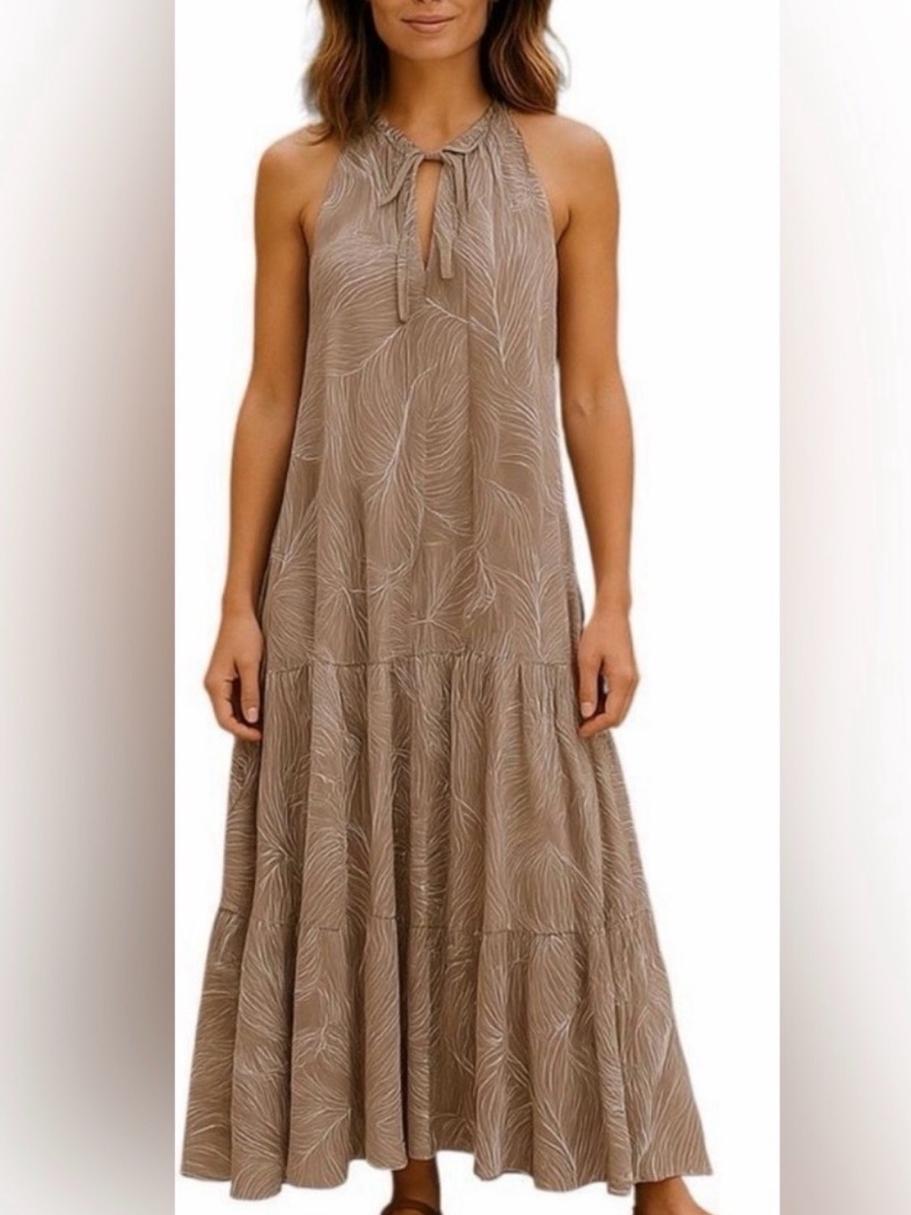 Prologue Target XS Taupe Floral Tiered Maxi Dress Tie Neck Sleeveless